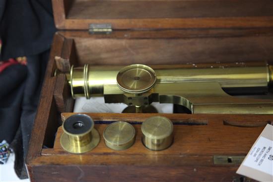 A late 19th century lacquered brass Smith and Beck monocular microscope, height 15in.